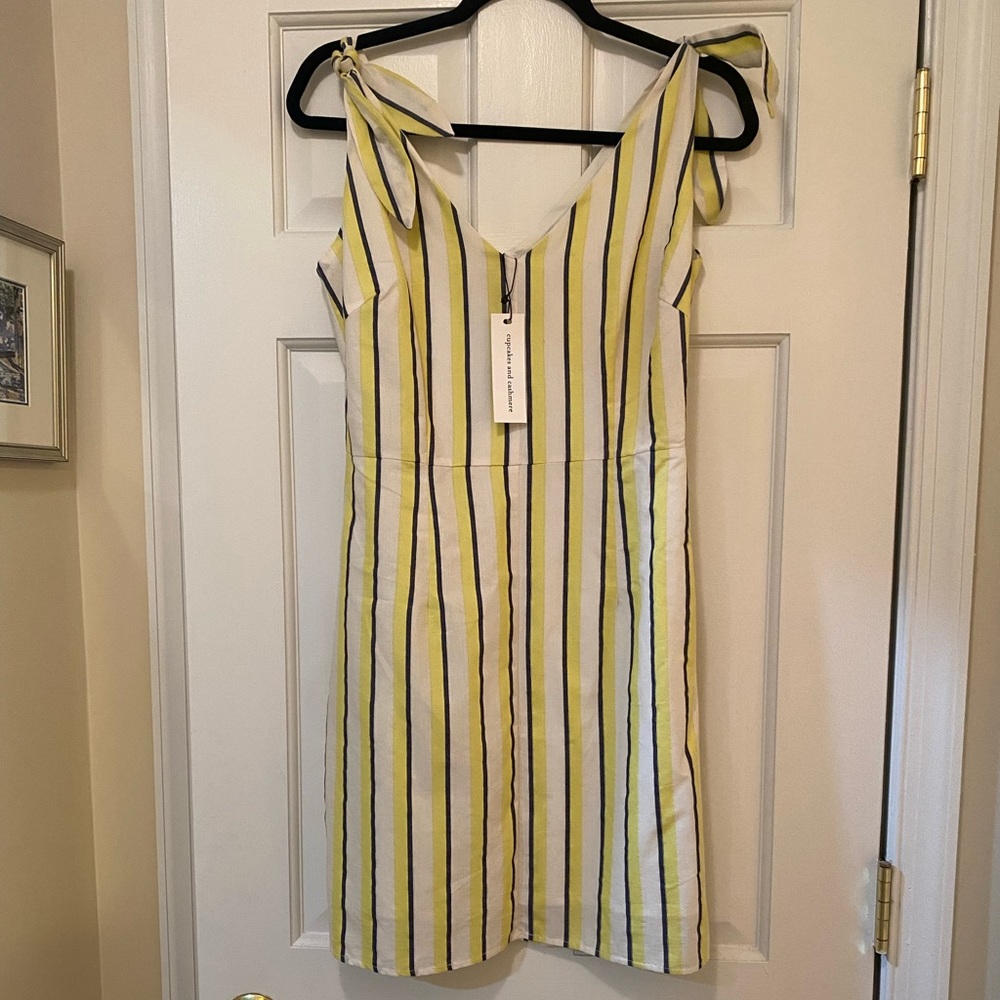 Striped cupcakes & cashmere dress w/ ties on shoulder